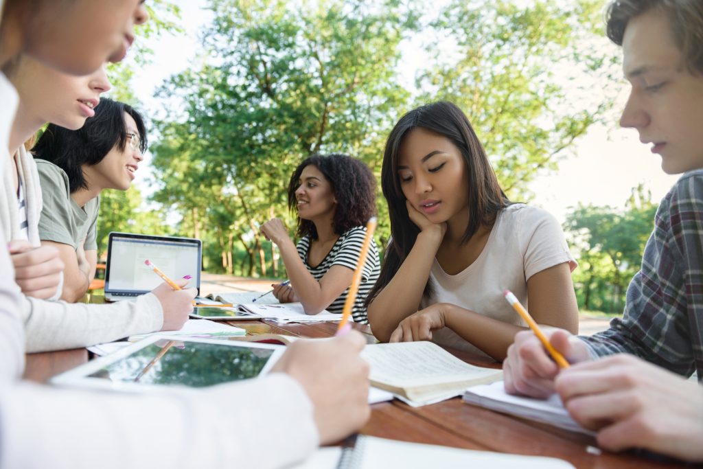 Multiethnic group young students sitting studying